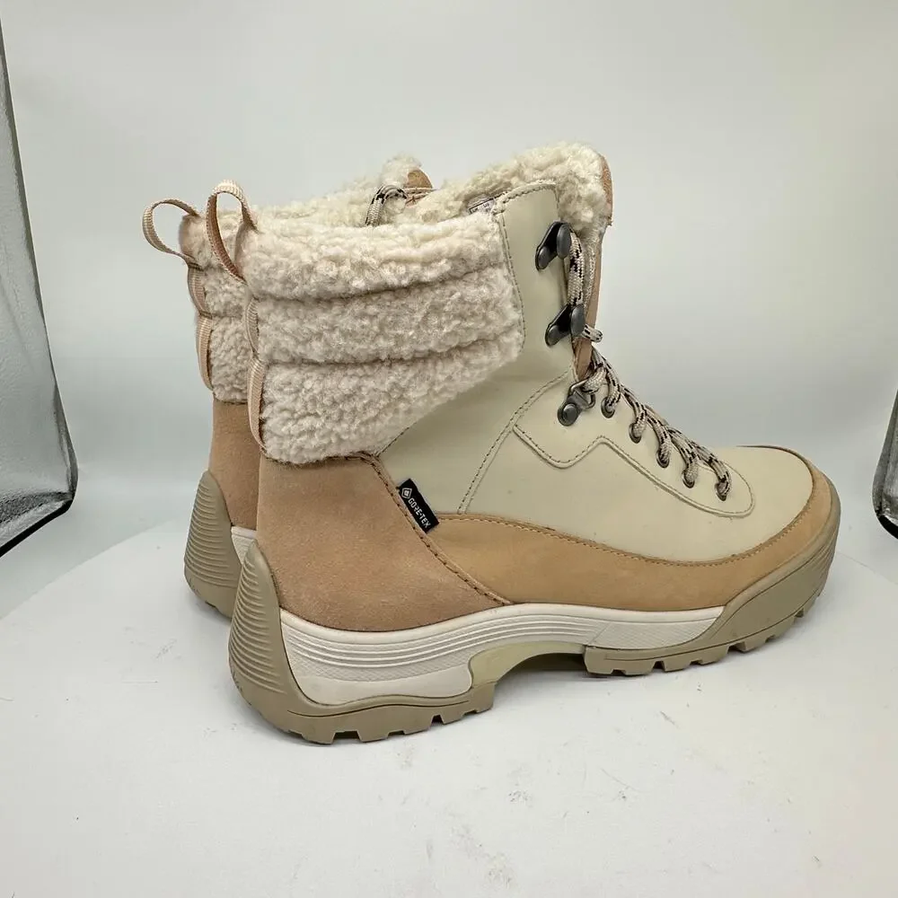 Clarks ATL Hike Top Gore-Tex Cream Leather Boots Fur Trim Collar Size 9.5